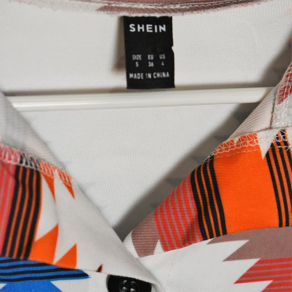 SHEIN Aztec print jacket coat long sleeve collared button up blue orange size S - Picture 2 of 4